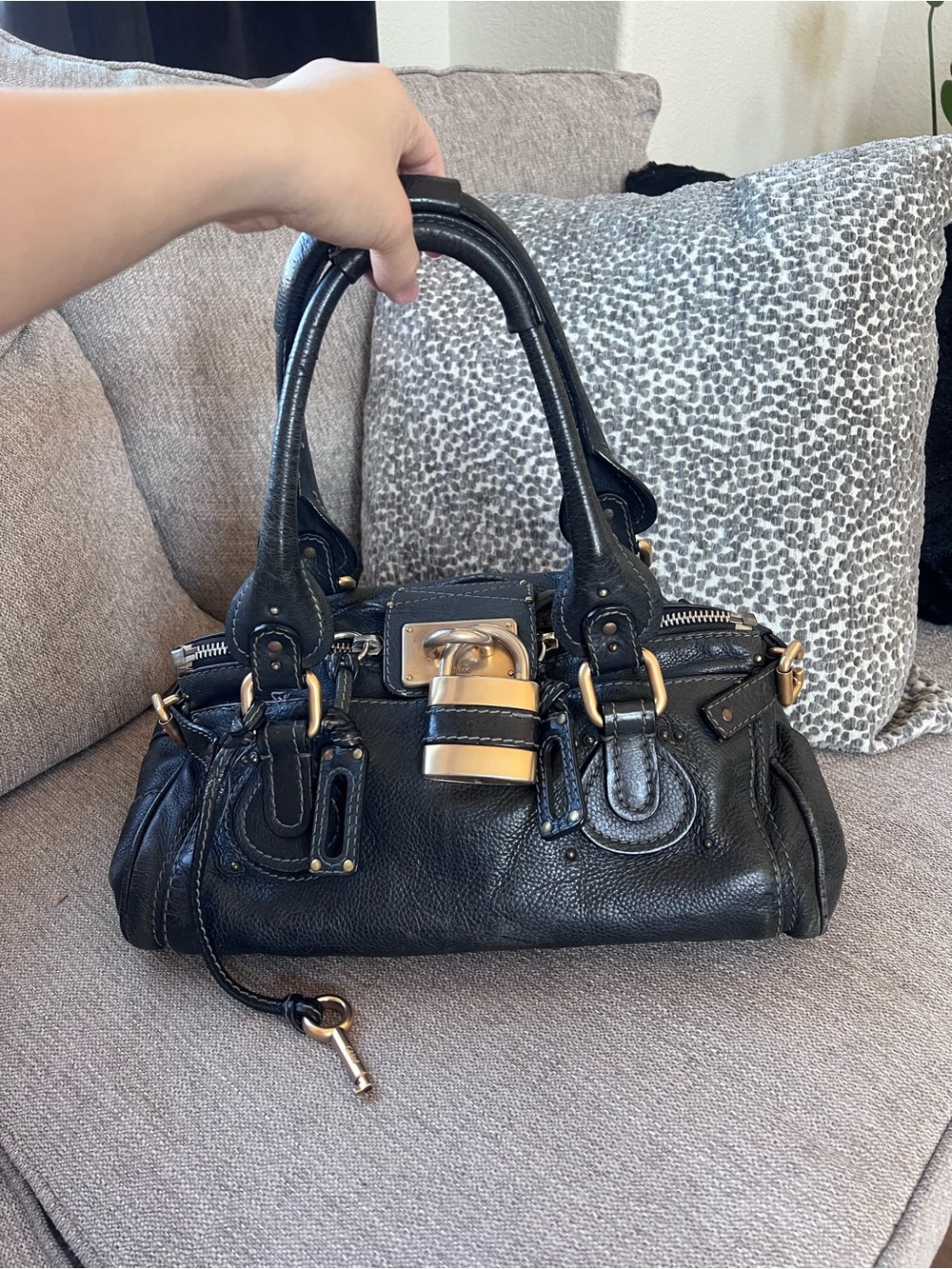Chloe Paddington Black Leather Handbag with Gold Accents
